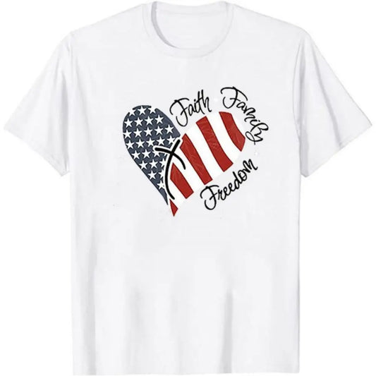 Faith Family Freedom American Flag Heart T Shirt Patriotic Short Sleeve Tee for Women 4th of July USA Flag Casual Tops T Shirts