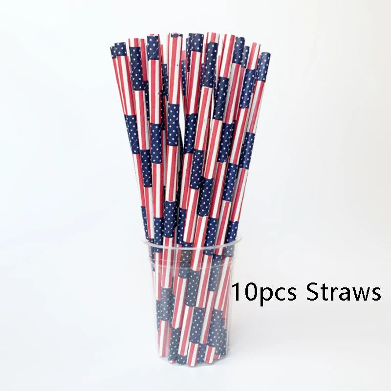 Omilut 10pcs American Straws 4th of July Independence Day Straws American Flag Patriotic Party Disposable Tableware Set Supplies