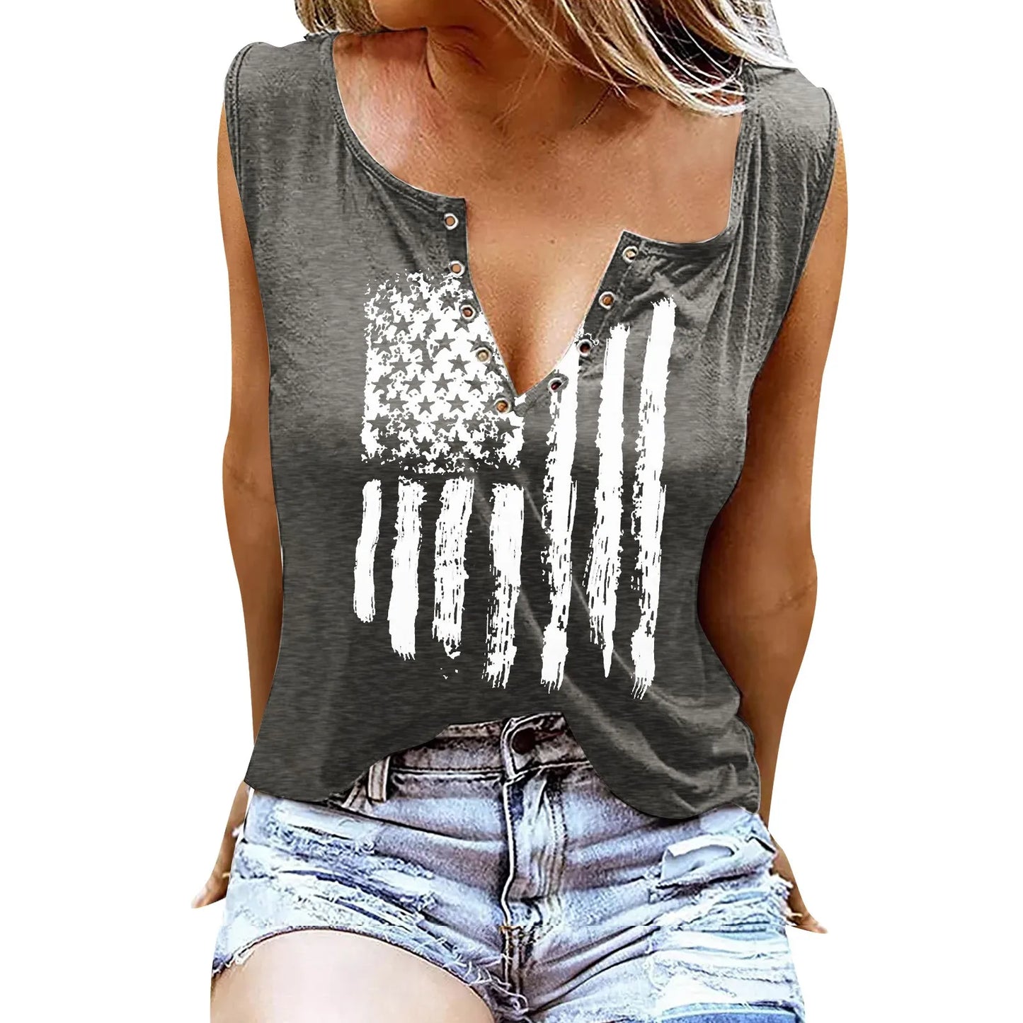 Women's American Flag Print Tank Top For 4th Of July Shirts Button V-neck Sleeveless T-shirt Summer Casual Patriotic Shirt Tops
