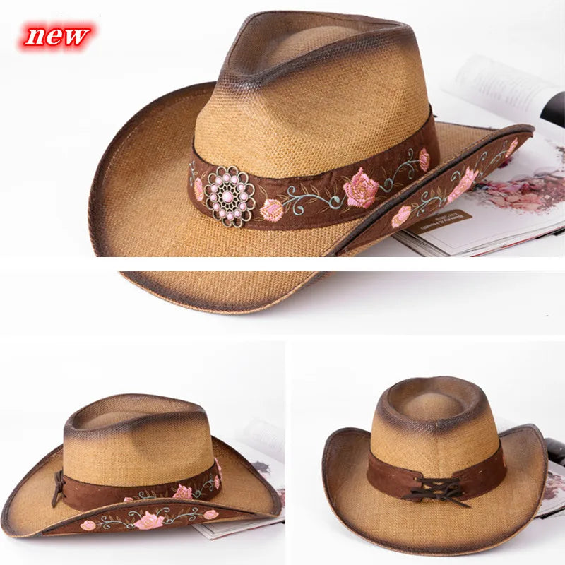 Three-dimensional embroidery handmade straw hat western cowboy hat men cap outdoor women hat light luxury European and American