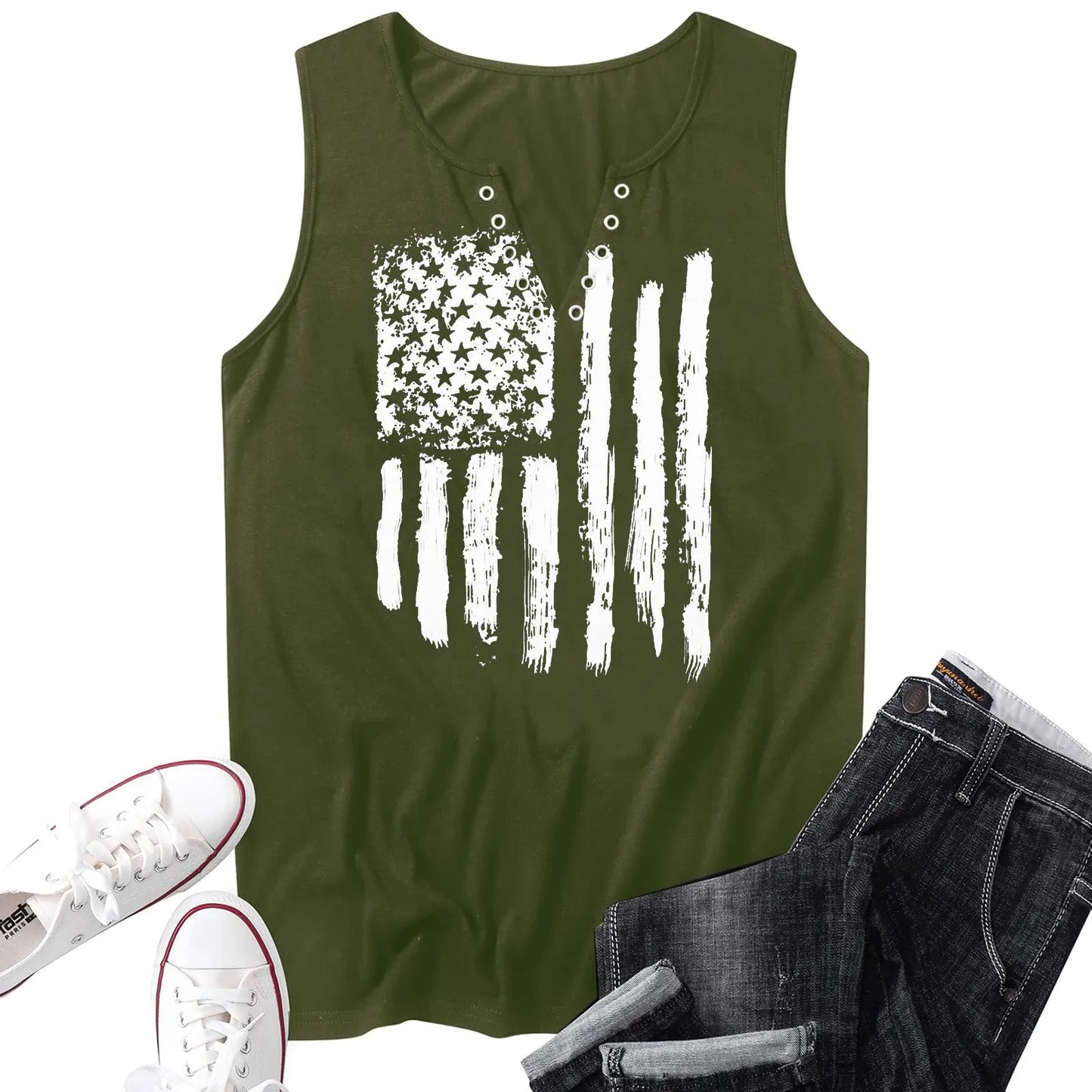 Women's American Flag Print Tank Top For 4th Of July Shirts Button V-neck Sleeveless T-shirt Summer Casual Patriotic Shirt Tops