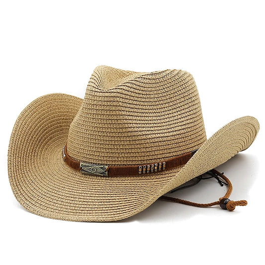 Classic Strap Straw Hats Cowboy Hat Men Women Retro Western Cowboy Riding Hat Adjustable Unisex Wide Brim Hat